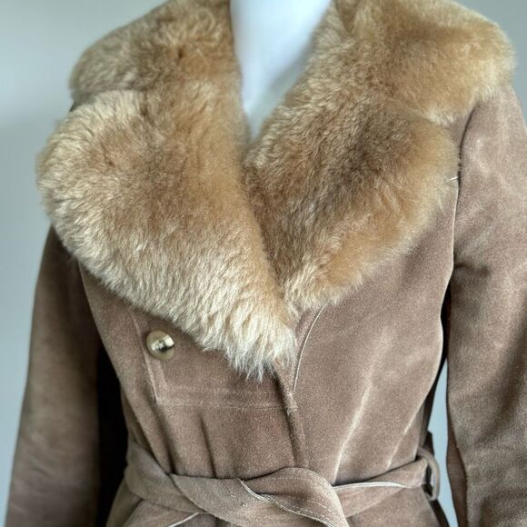 VTG 70’s Penny Lane Almost Famous Suede Shearling Wrap Trench Coat - Picture 6 of 10